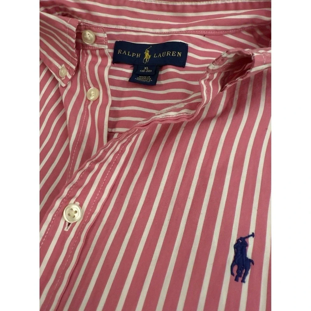 Ralph Lauren Shirt Boys Button Down XL (18-20) Pink White Striped Blue Pony Logo